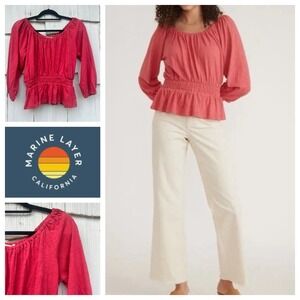 Marine Layer Christiana Knit Long Sleeve Shirred Cotton Top Holly Berry XS NWT